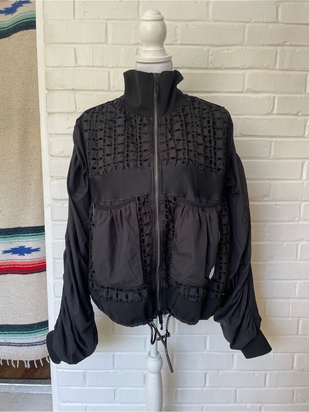FP Movement by Free People Black Crochet-Panel Bomber Jacket Size Large NWOT